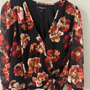 Madewell Floral Wrap Blouse - Black and Red